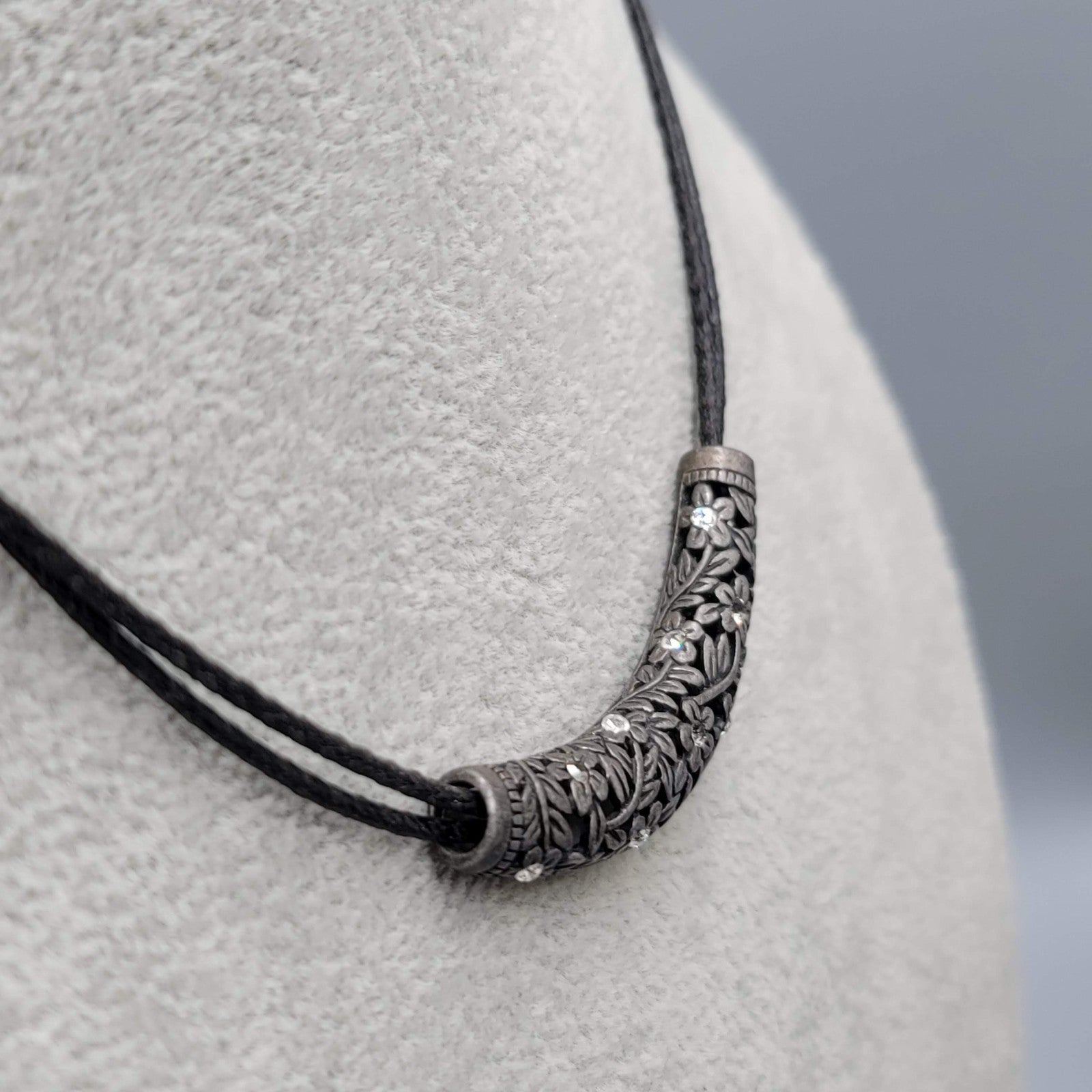 lia sophia Necklace Black Leather Part Pendant Crystal Flowers Pewter 18 in