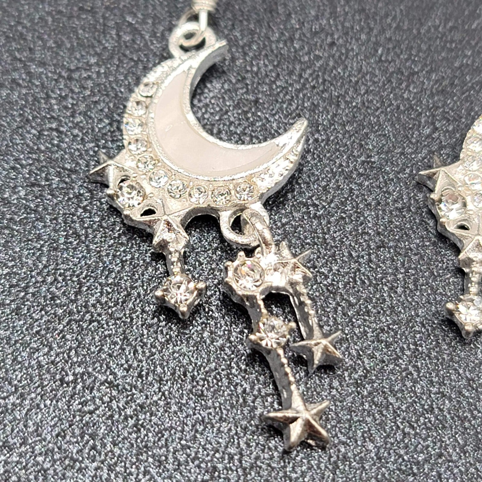 Moon Pierced Earrings Silver tone Crystal Rhinestone Dangle 1.5"