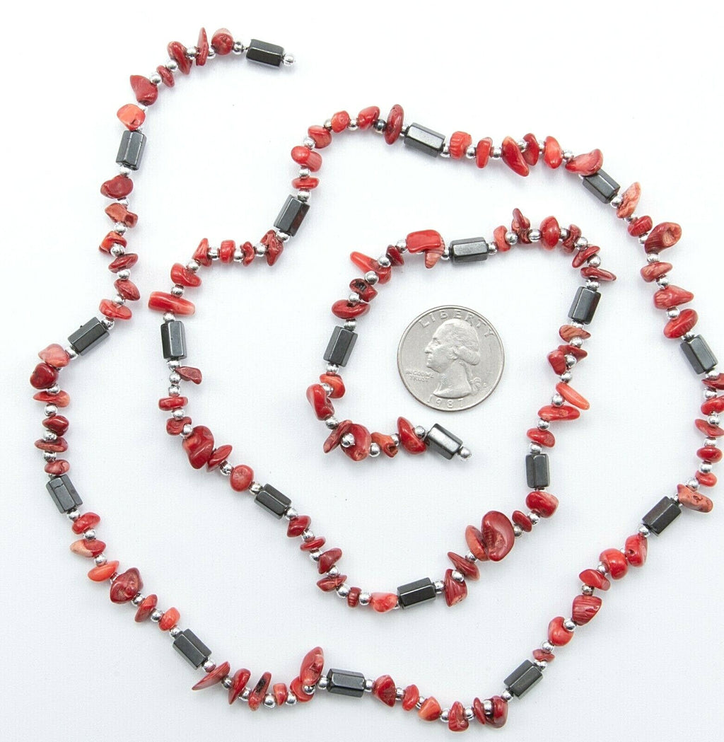 Magnetic Therapy Wrap Bracelet Necklace Anklet Red Stone Silvertone Hematite 33"