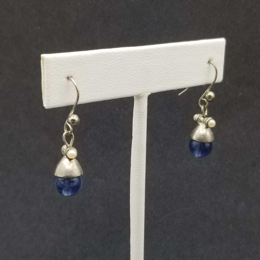 Pierced Earrings Silver tone Blue Crystal Bea Faux Pearl Dangle 1/2"
