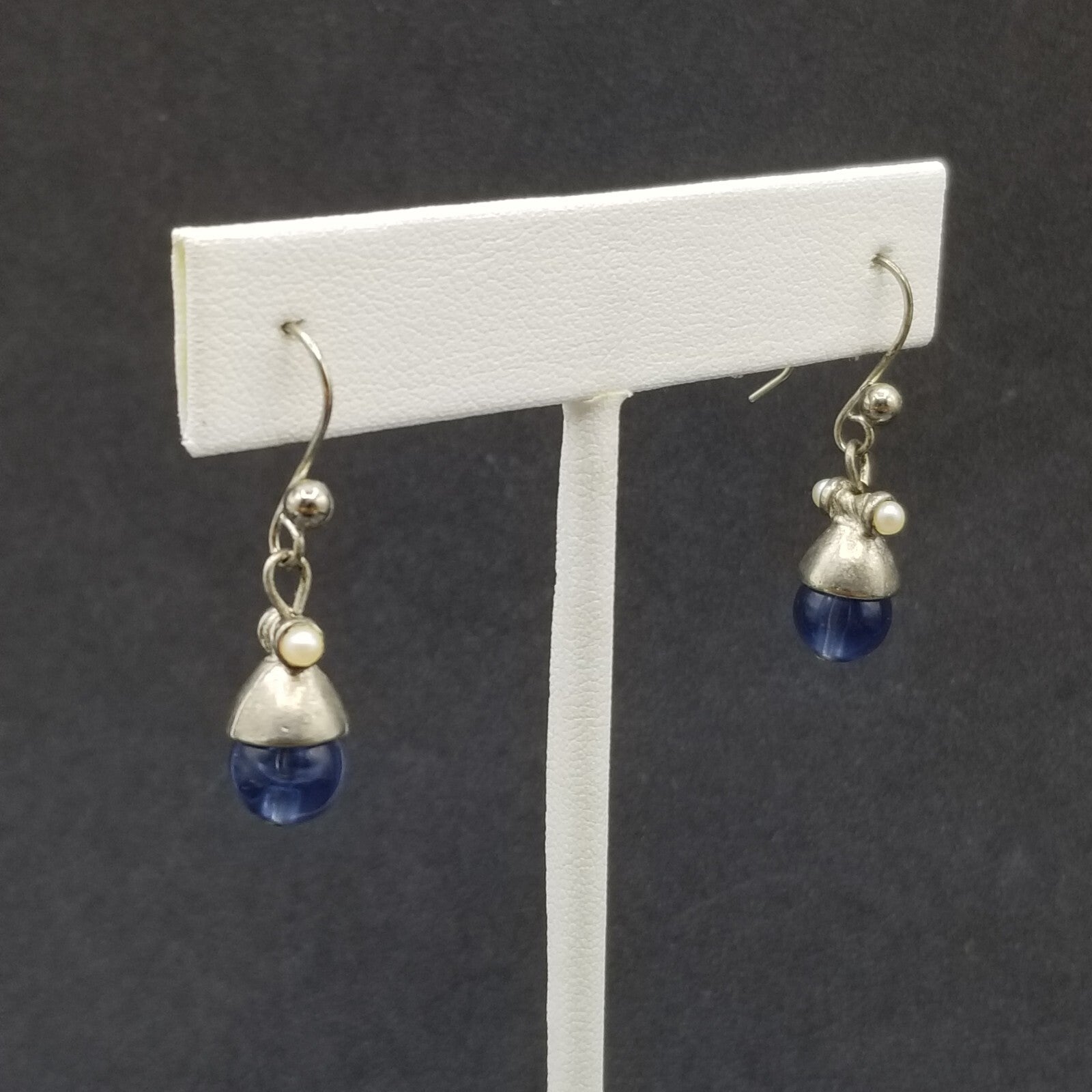 Pierced Earrings Silver tone Blue Crystal Bea Faux Pearl Dangle 1/2"