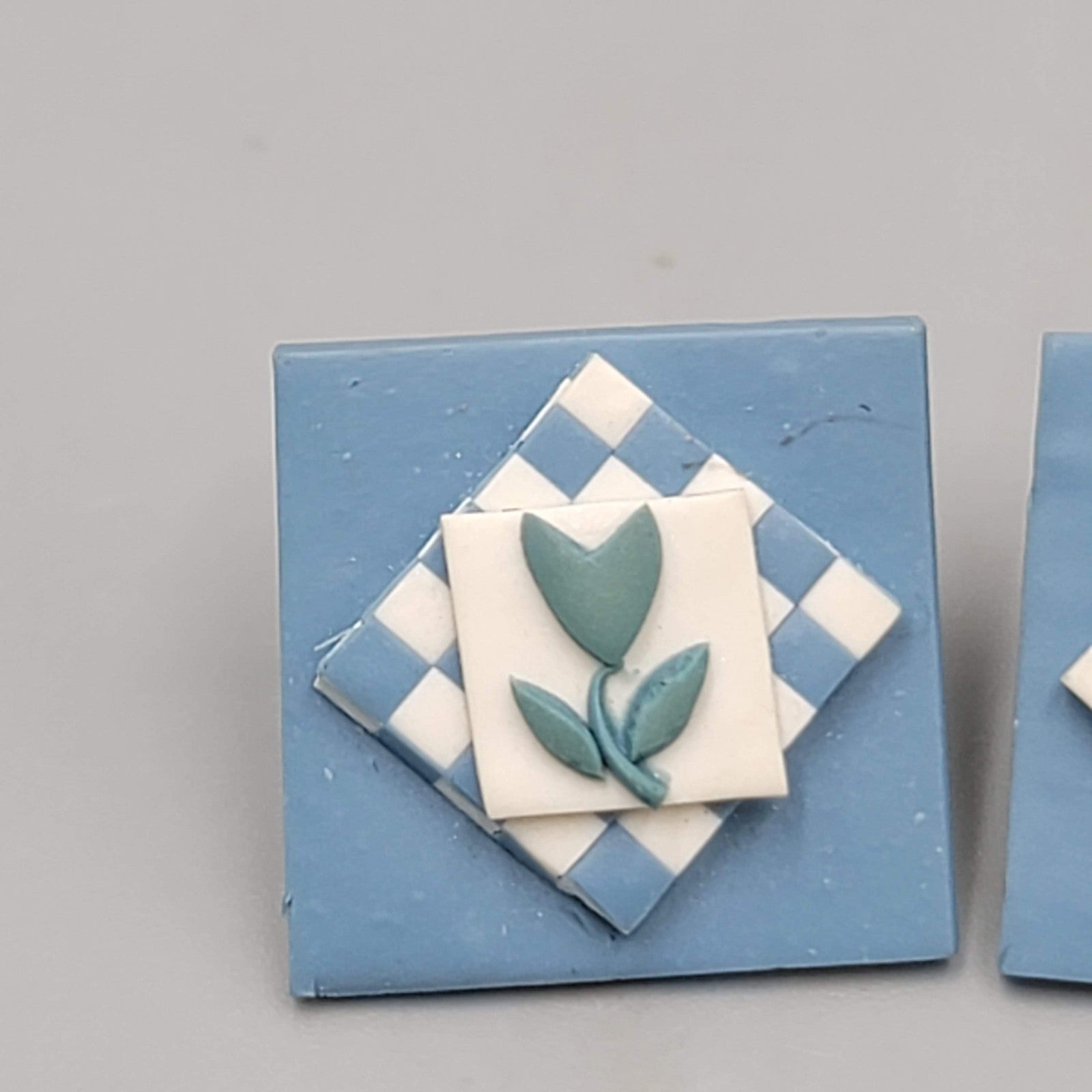Vintage Blue Tulip Flower Pierced Earrings Square Drop 3/4"