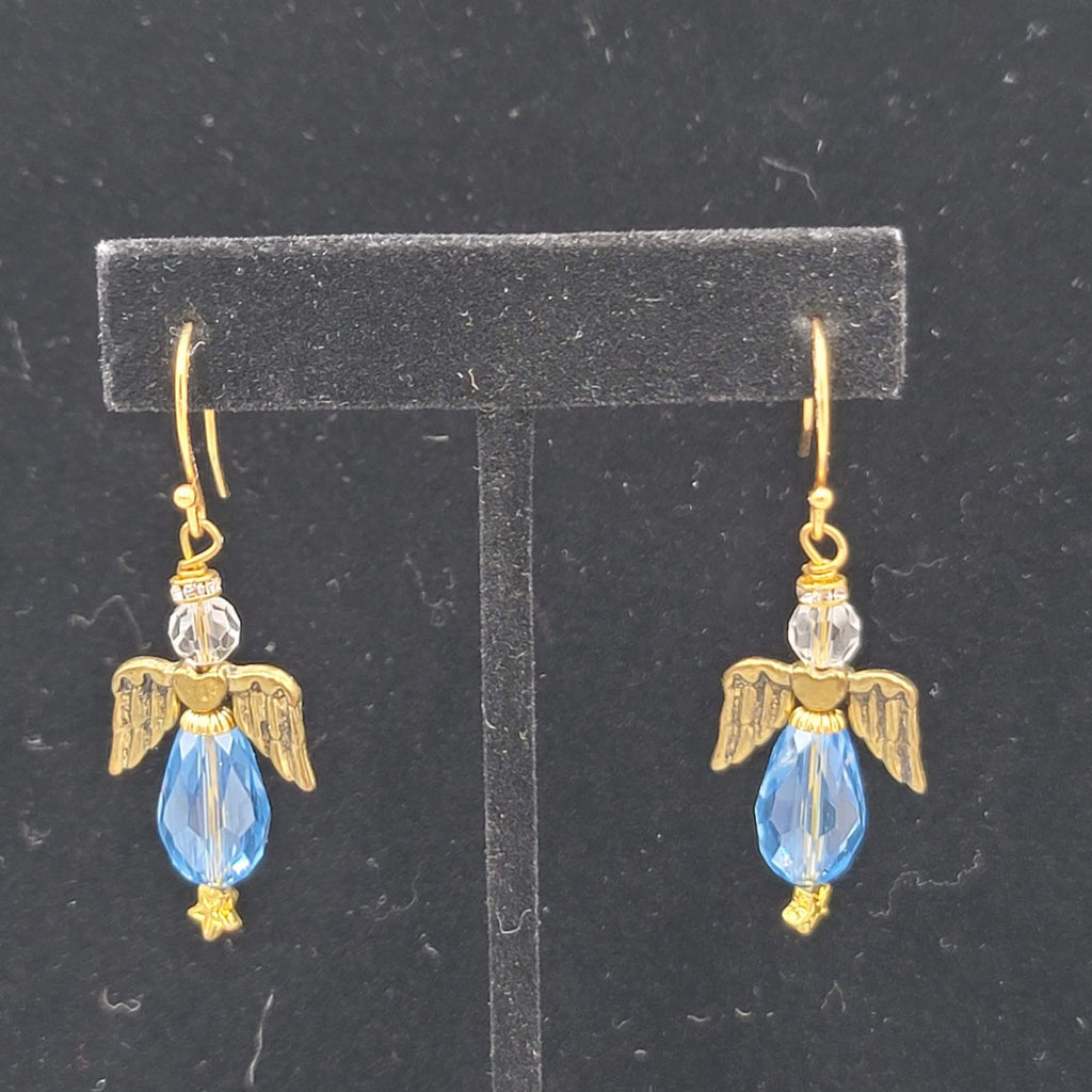 Angel Pierced Earrings Gold Tone Blue Glass Beads Dangle Hook 1.5"