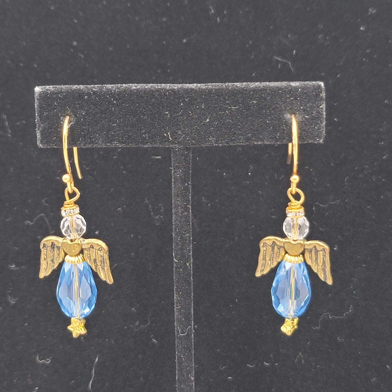 Angel Pierced Earrings Gold Tone Blue Glass Beads Dangle Hook 1.5"