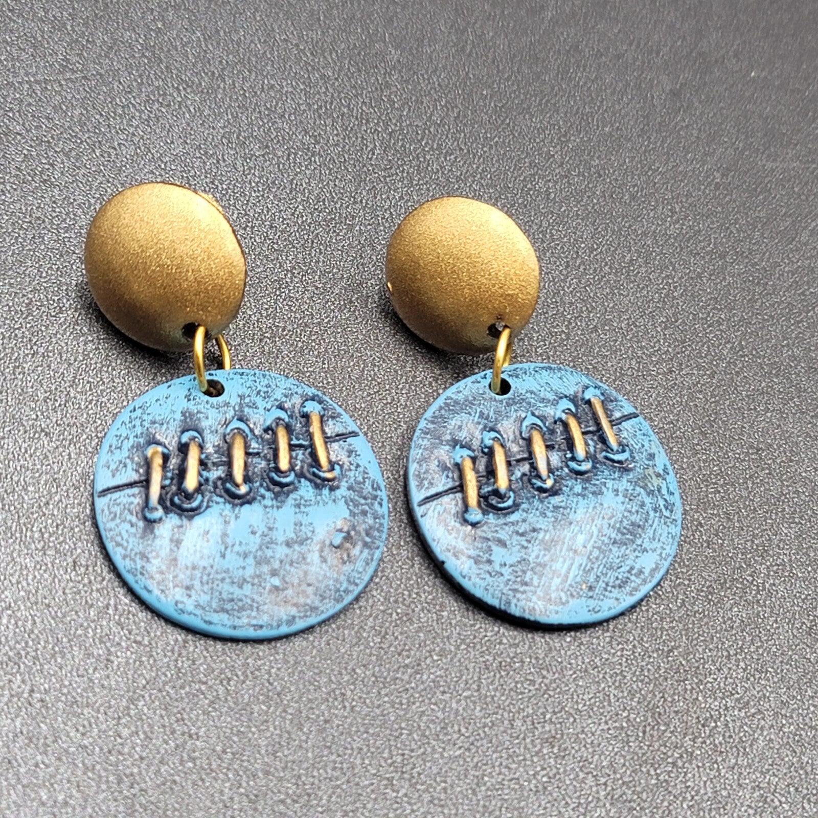 Vintage Pierced Earrings Gold tone Blue Dangle Statement 2"