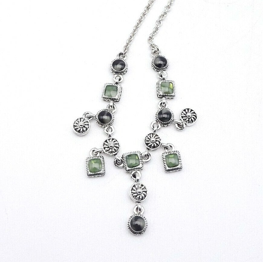 Signed Silver tone Chain Green Enamel Dangle Waterfall Accents 16" - 17.5"