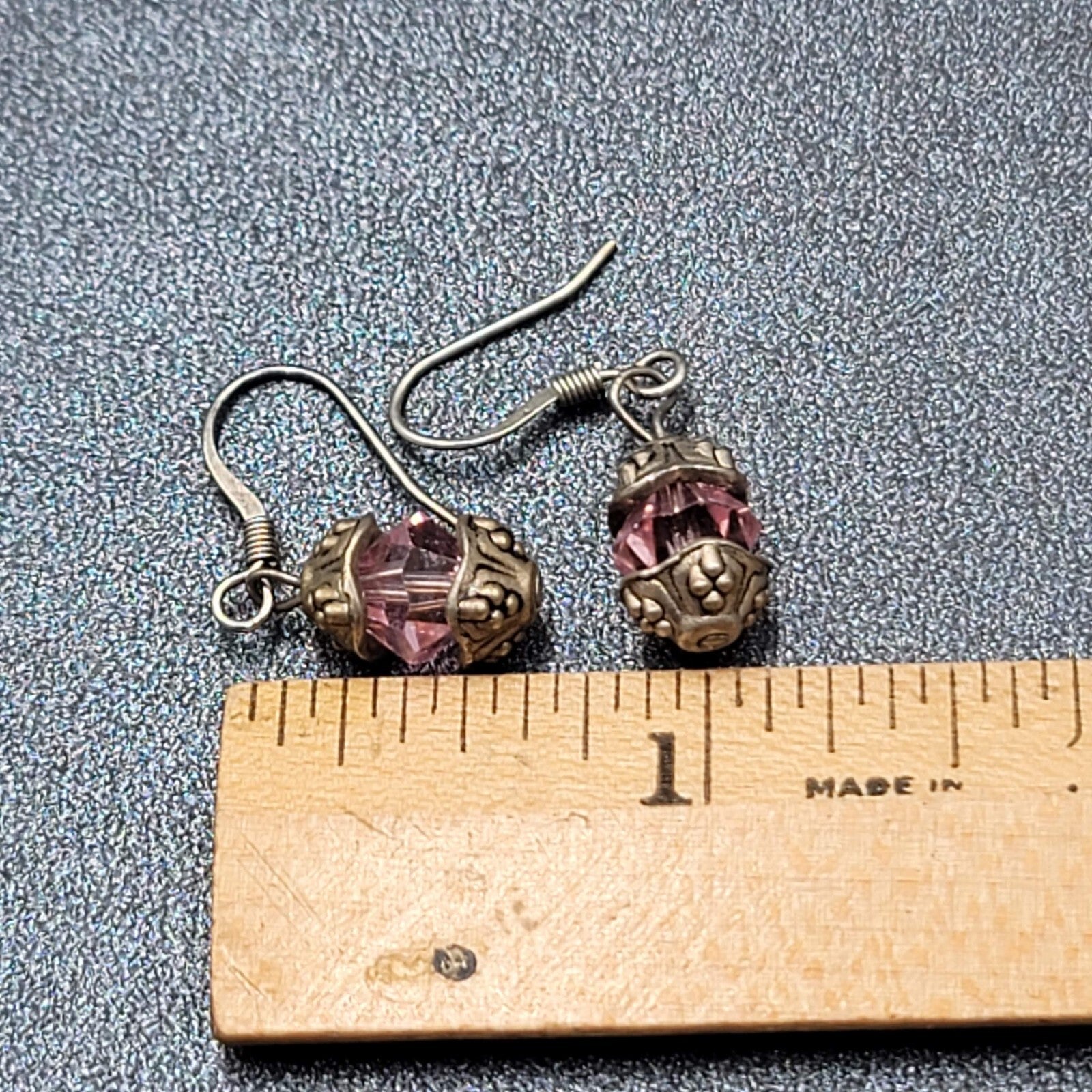 Pierced Earrings Silver tone Pink Crystal Bead Dangle 5/8"