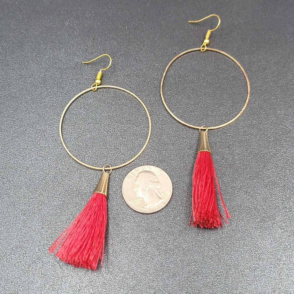 Pierced Earrings Gold tone Red Tassel Statement Dangle 3.5"