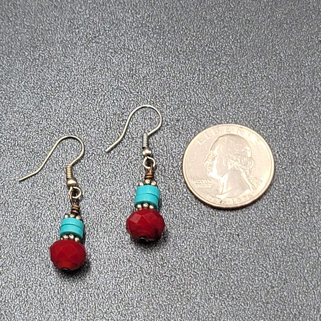 Pierced Earrings Silver tone Red Stone Turquoise Stone Beads Dangle  7/8"