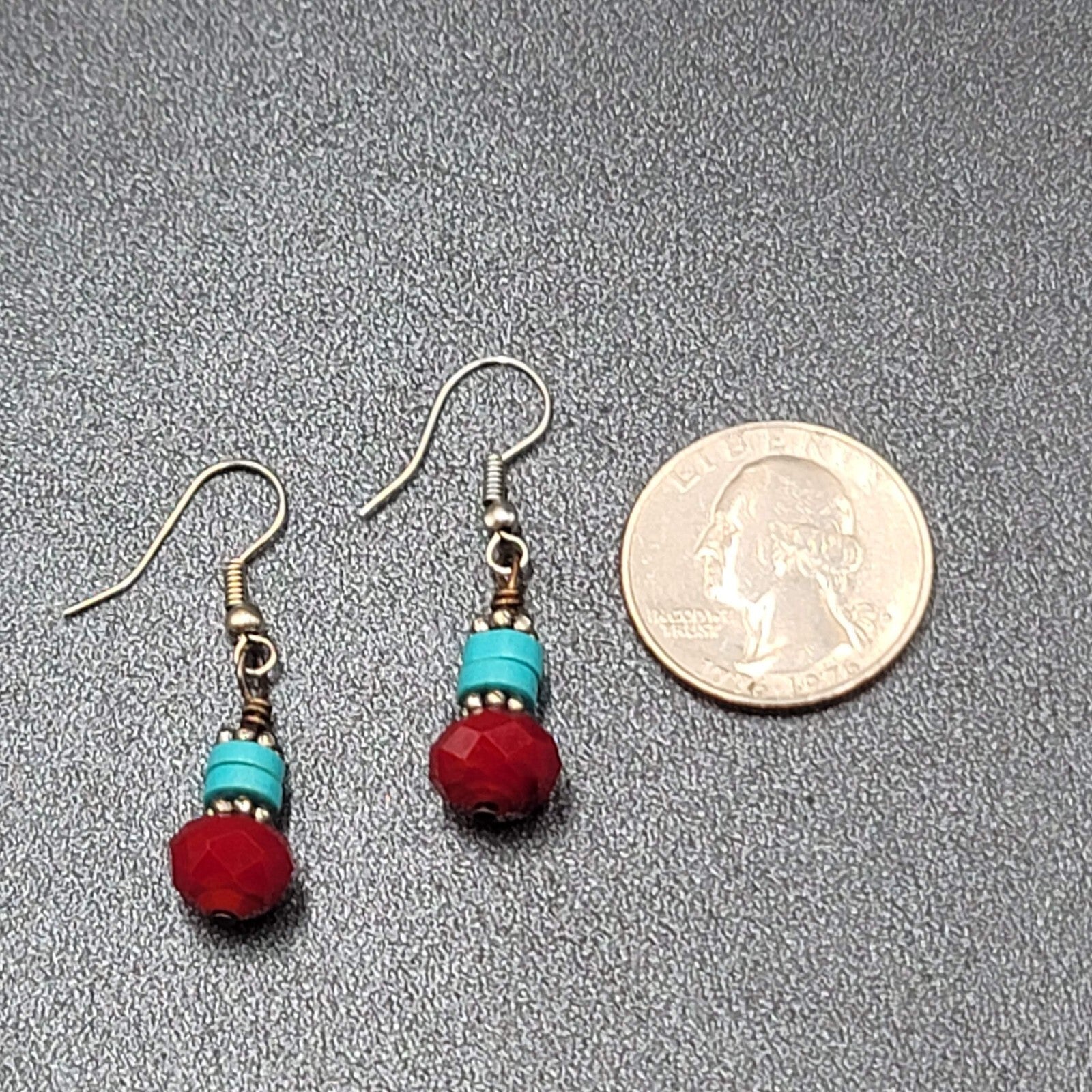 Pierced Earrings Silver tone Red Stone Turquoise Stone Beads Dangle  7/8"