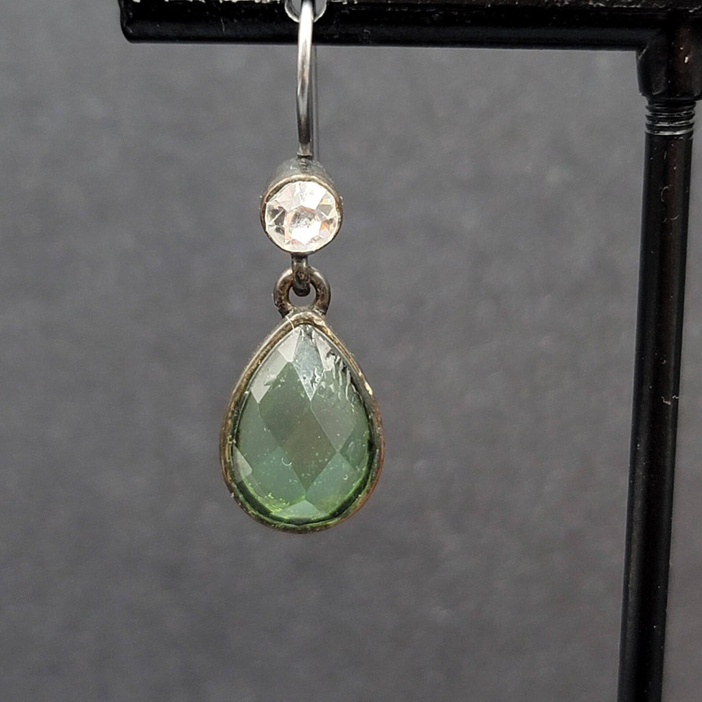 Pierced Earrings Bronze tone Green Faceted Teardrop Stone 3/4"