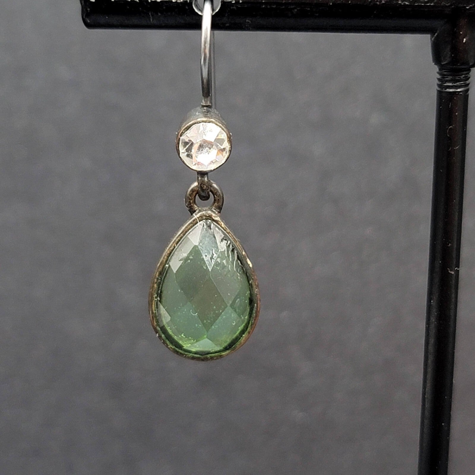 Pierced Earrings Bronze tone Green Faceted Teardrop Stone 3/4"