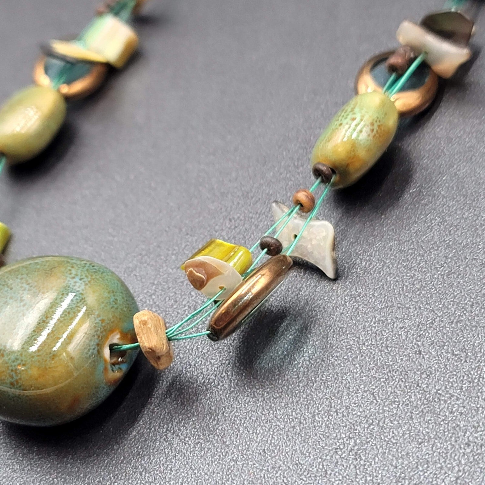 Premier Designs Necklace Green Pottery Beads Blue Thread 18"-21"