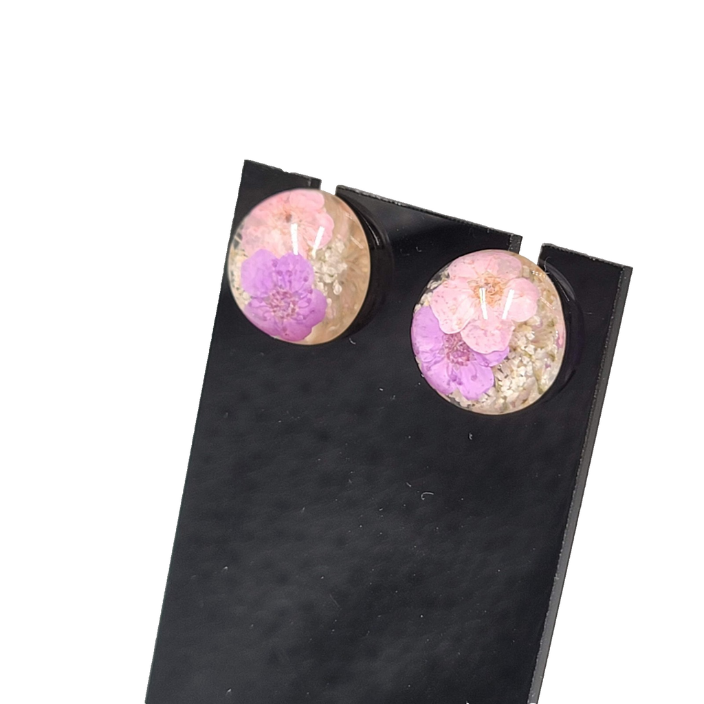 Real Flower Dome Stud Pierced Earrings Resin 1/2"