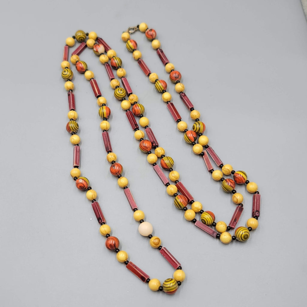 Vintage Extra Long Red Yellow Bead Necklace 52 in