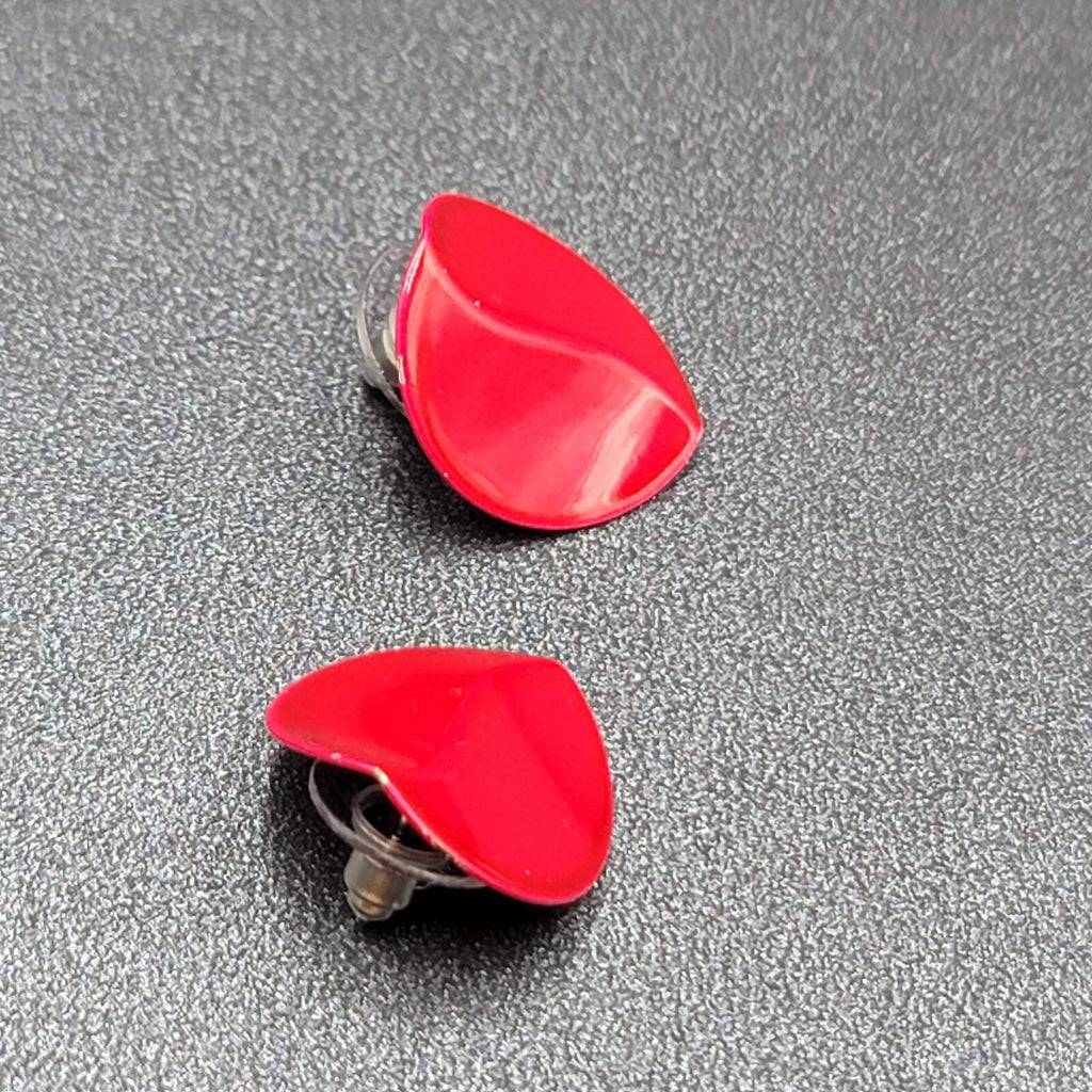 Vintage Pierced Earrings Red Enamel Crimped Round Studs 3/4"