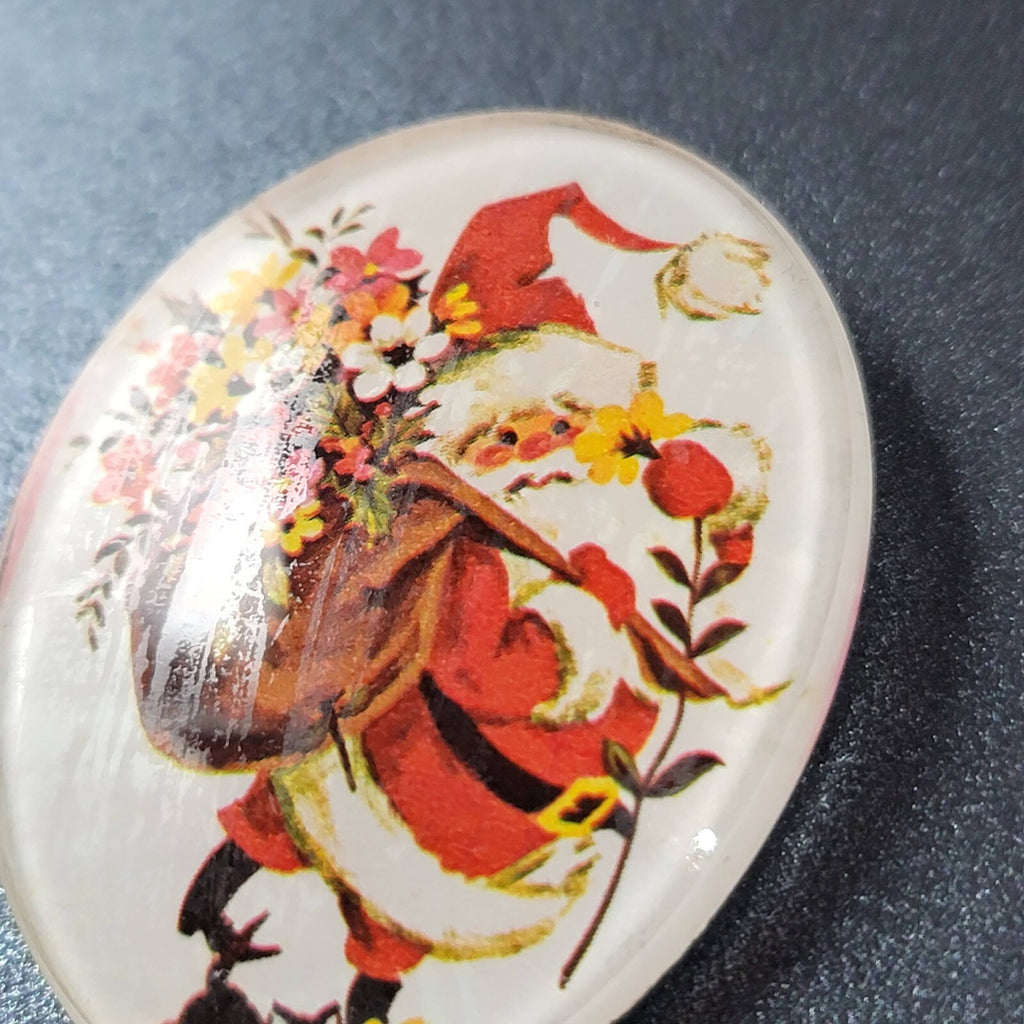 Vintage Christmas Brooch Pin Santa w Flowers Oval Glass 1.75"