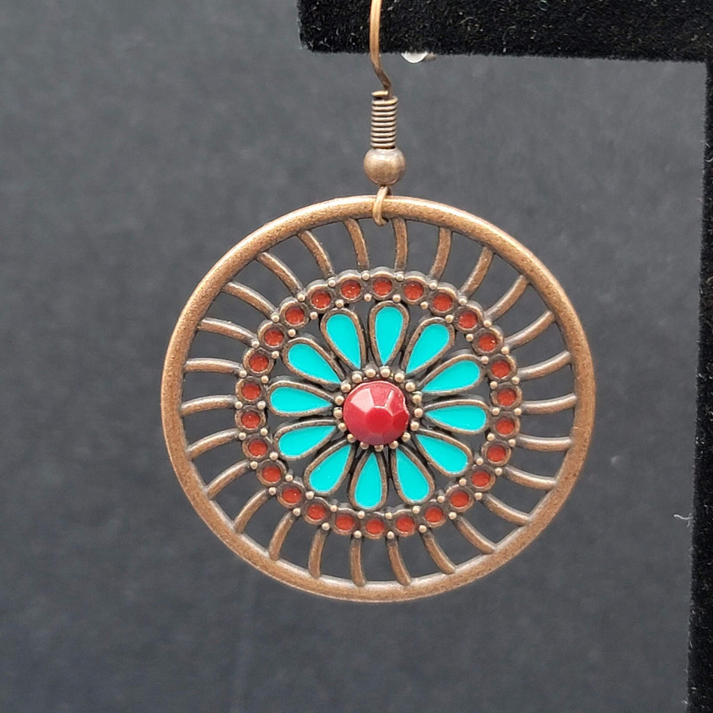 New Boho Pierced Earrings Bronze tone Blue Enamel Round Open Flower Dangle 1.25"