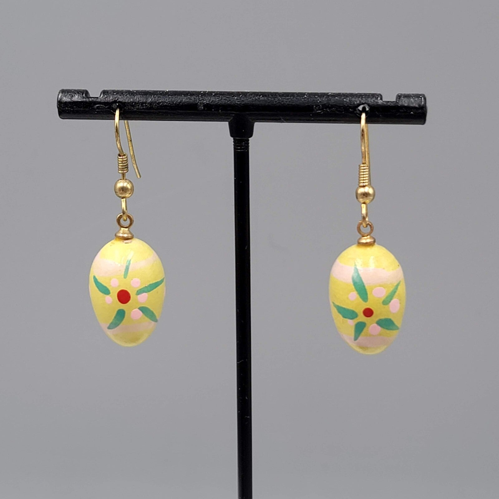 Vintage Yellow Easter Egg Pierced Earrings Hand Painted Wood Dangle 7/8"