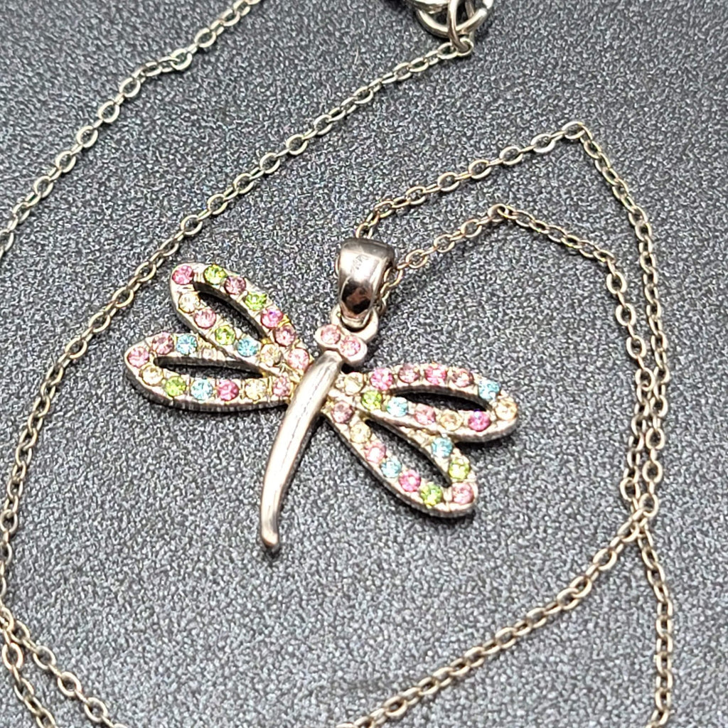 Dragonfly Necklace Multicolor Crystal Pendant Silver tone Chain 16"