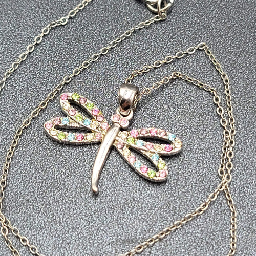Dragonfly Necklace Multicolor Crystal Pendant Silver tone Chain 16"