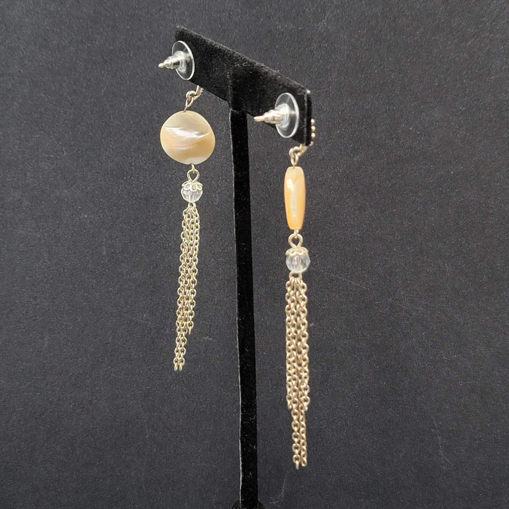 Pierced Earrings Silver tone Mother of Pearl Disc Dangle Chains 3.5"