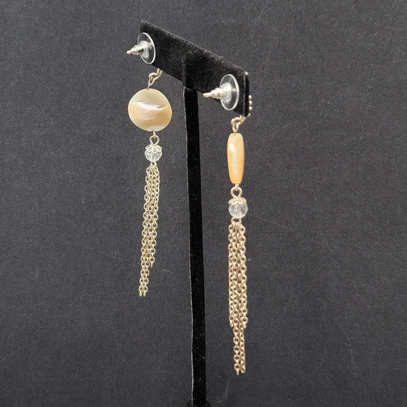 Pierced Earrings Silver tone Mother of Pearl Disc Dangle Chains 3.5"