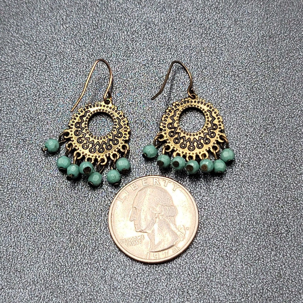 Pierced Earrings Bronze tone Blue Bead Medallion 1"