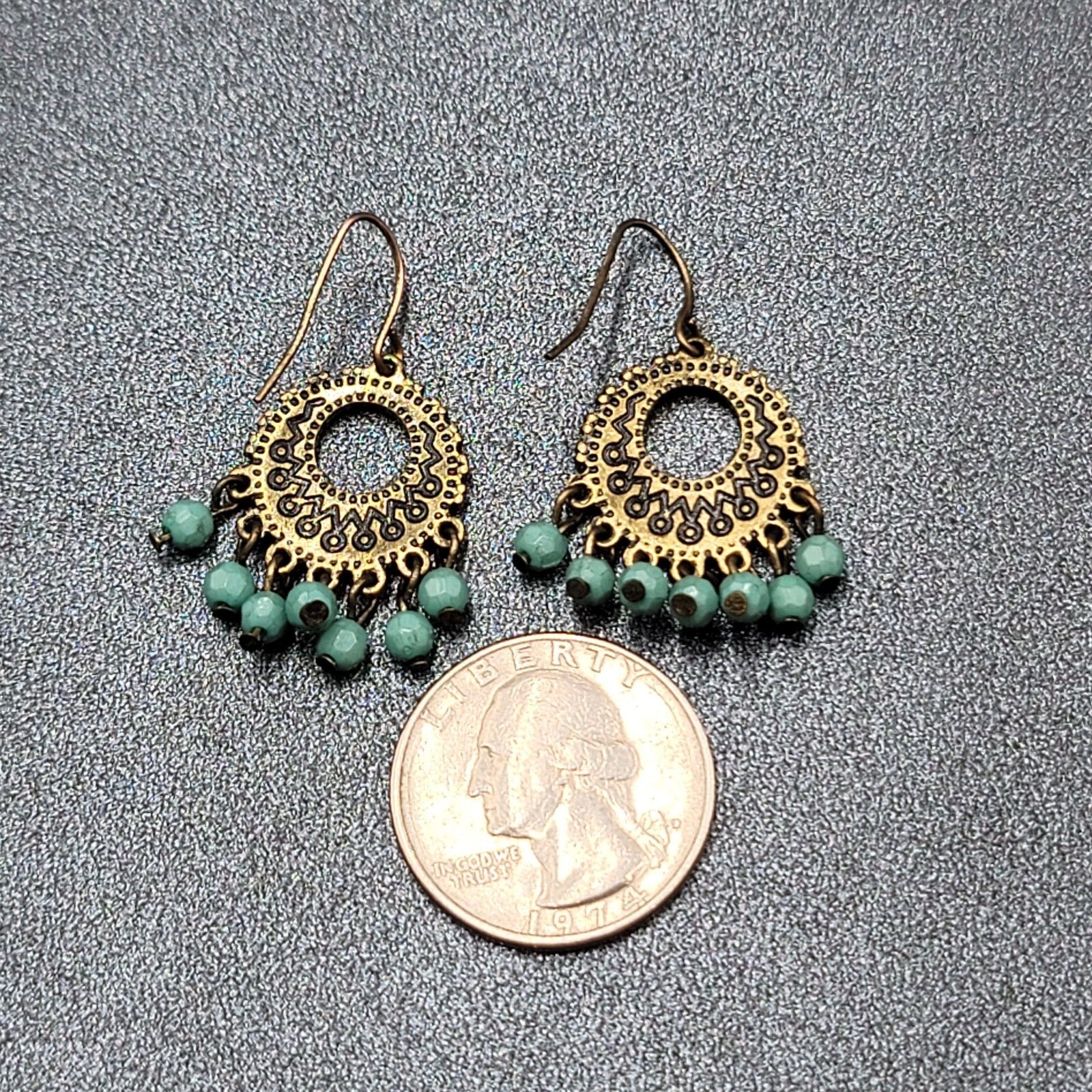 Pierced Earrings Bronze tone Blue Bead Medallion 1"