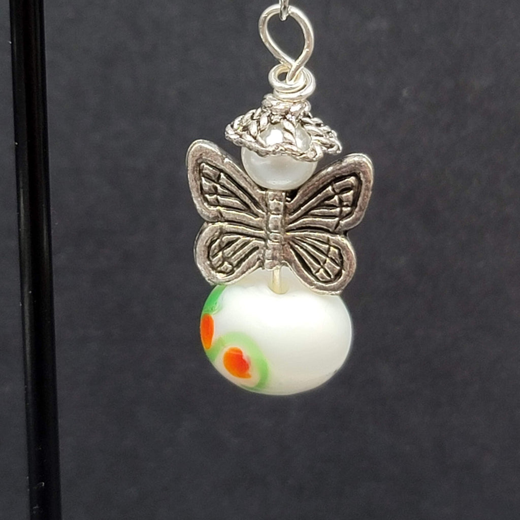 Pierced Earrings Silver tone Angel White Art Glass Bead Dangle 1"