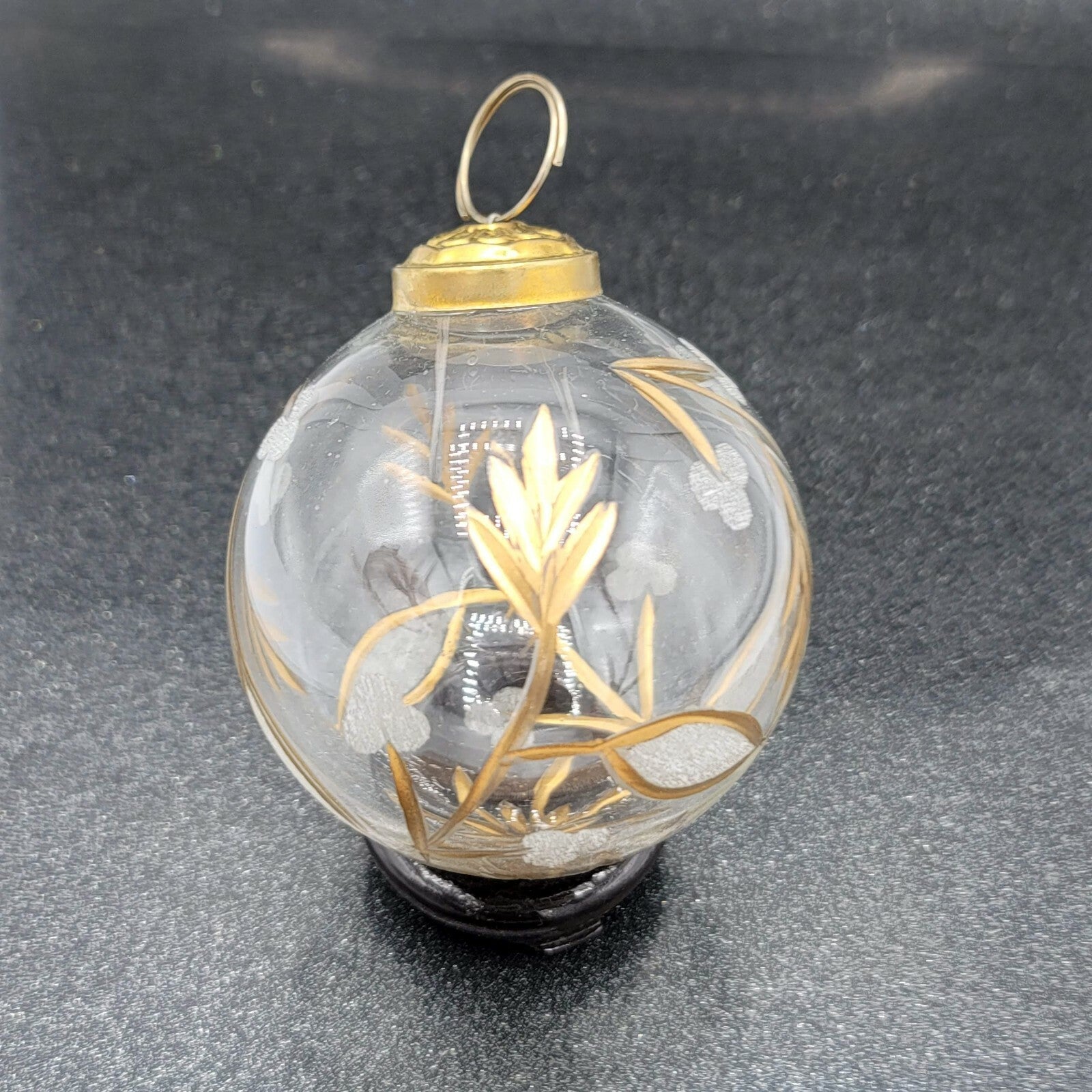 Vintage Kugel Style Etched Design Christmas Ornament 3 in Clear & Gold