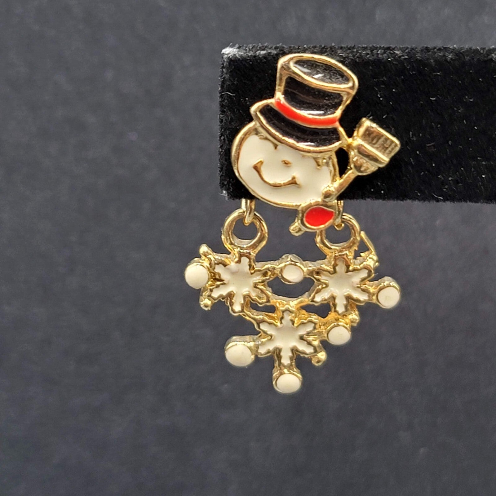 Snowman Pierced Earrings Gold tone Enamel Jacket Back Dangle 1.25"