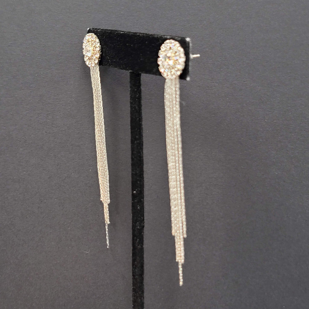 Long Dangle Chain Pierced Earrings Rhinestone Silver tone 3"