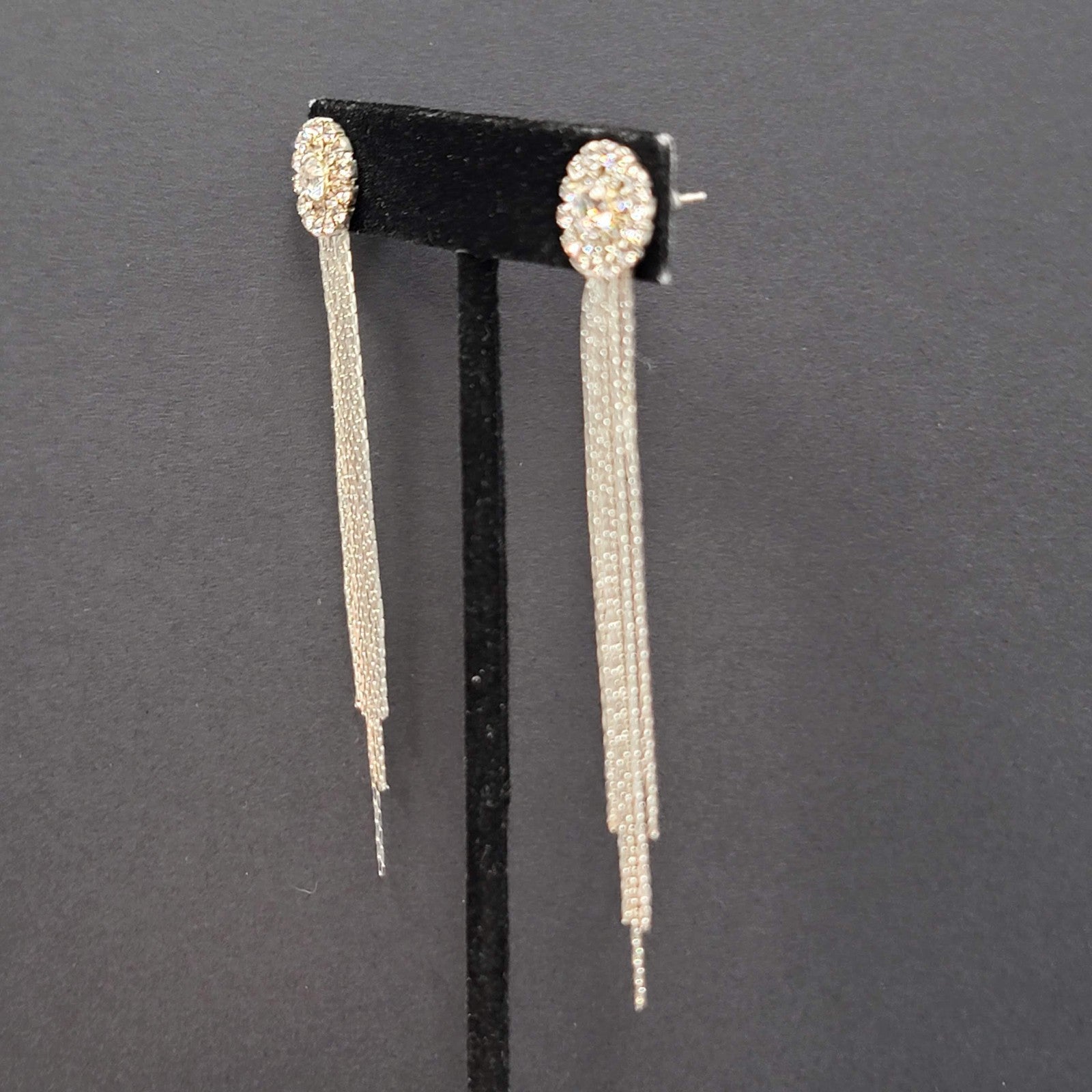 Long Dangle Chain Pierced Earrings Rhinestone Silver tone 3"