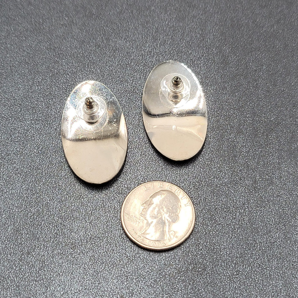 Vintage Pierced Earrings Tan Blue Oval Enamel Drop 1.5"