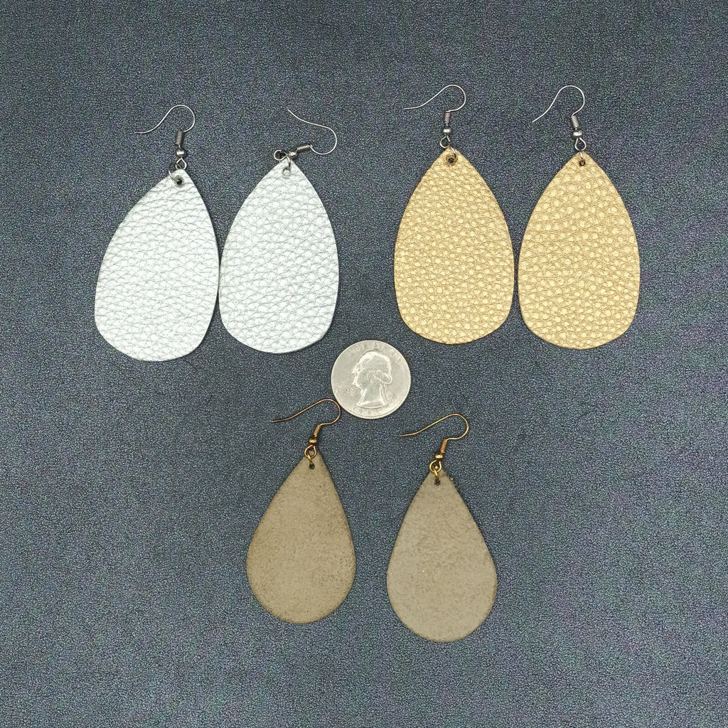 Lot of 3 Pairs Pierced Earrings Silver Gold tone Faux Leather Teardrop Dangles