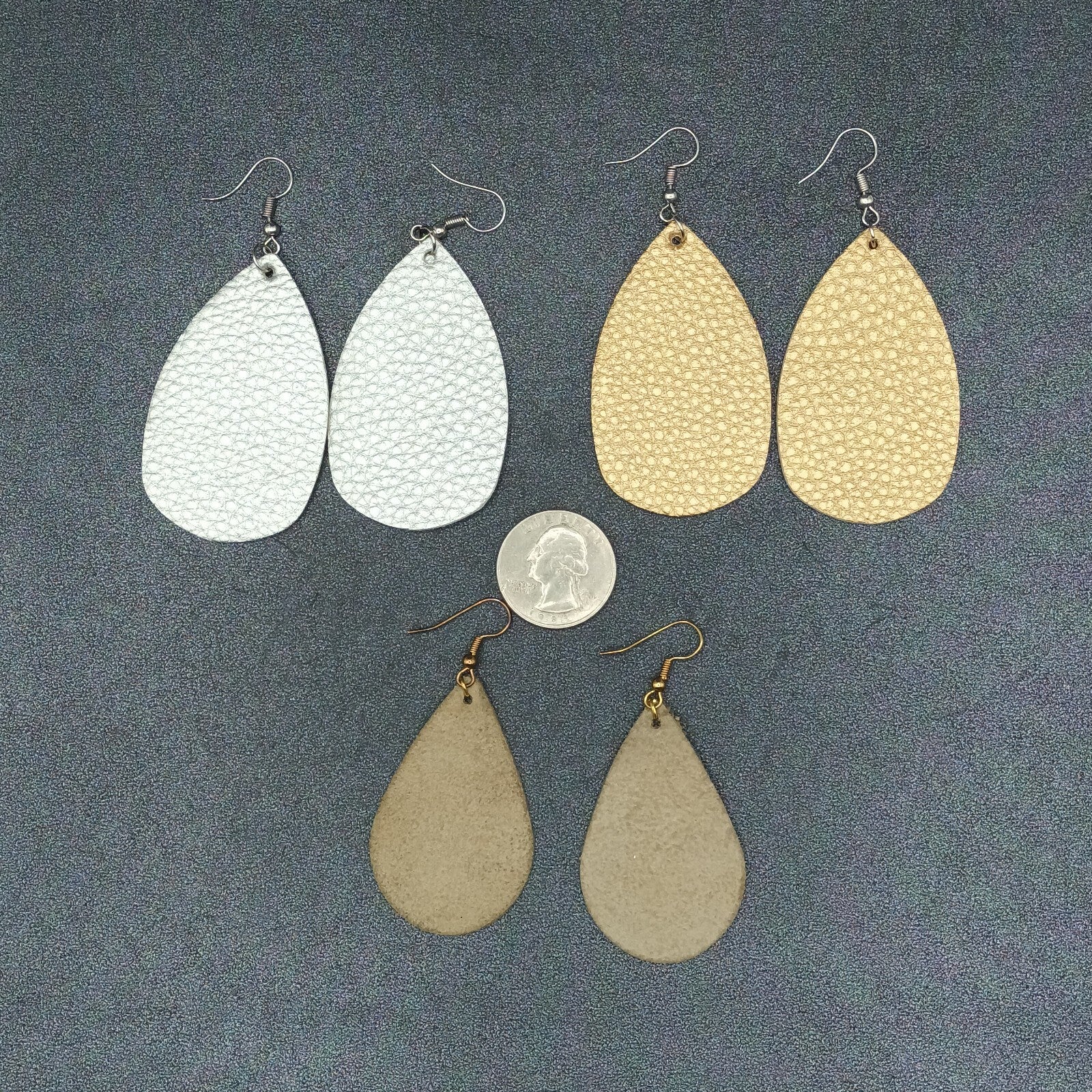 Lot of 3 Pairs Pierced Earrings Silver Gold tone Faux Leather Teardrop Dangles