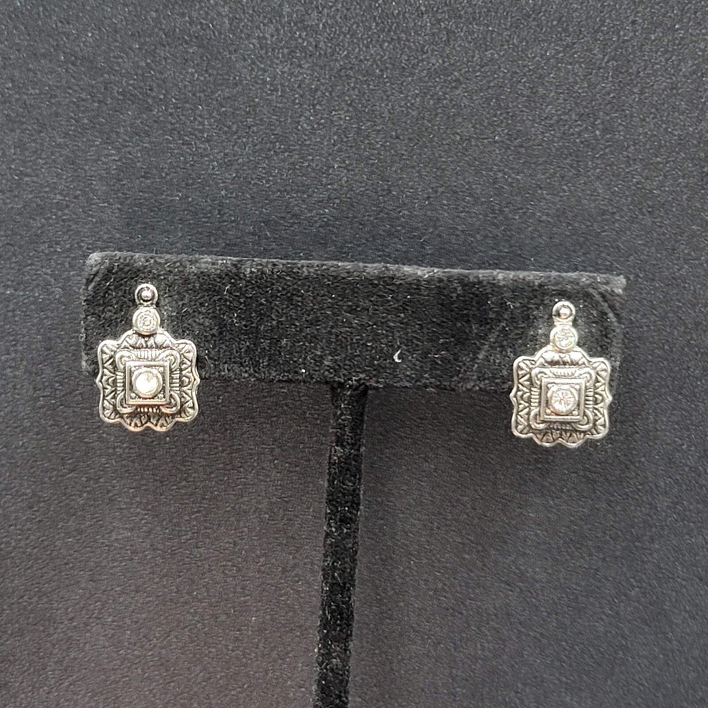 Pierced Earrings Silver tone Black Embossed Crystal Studs So Pretty! 5/8"