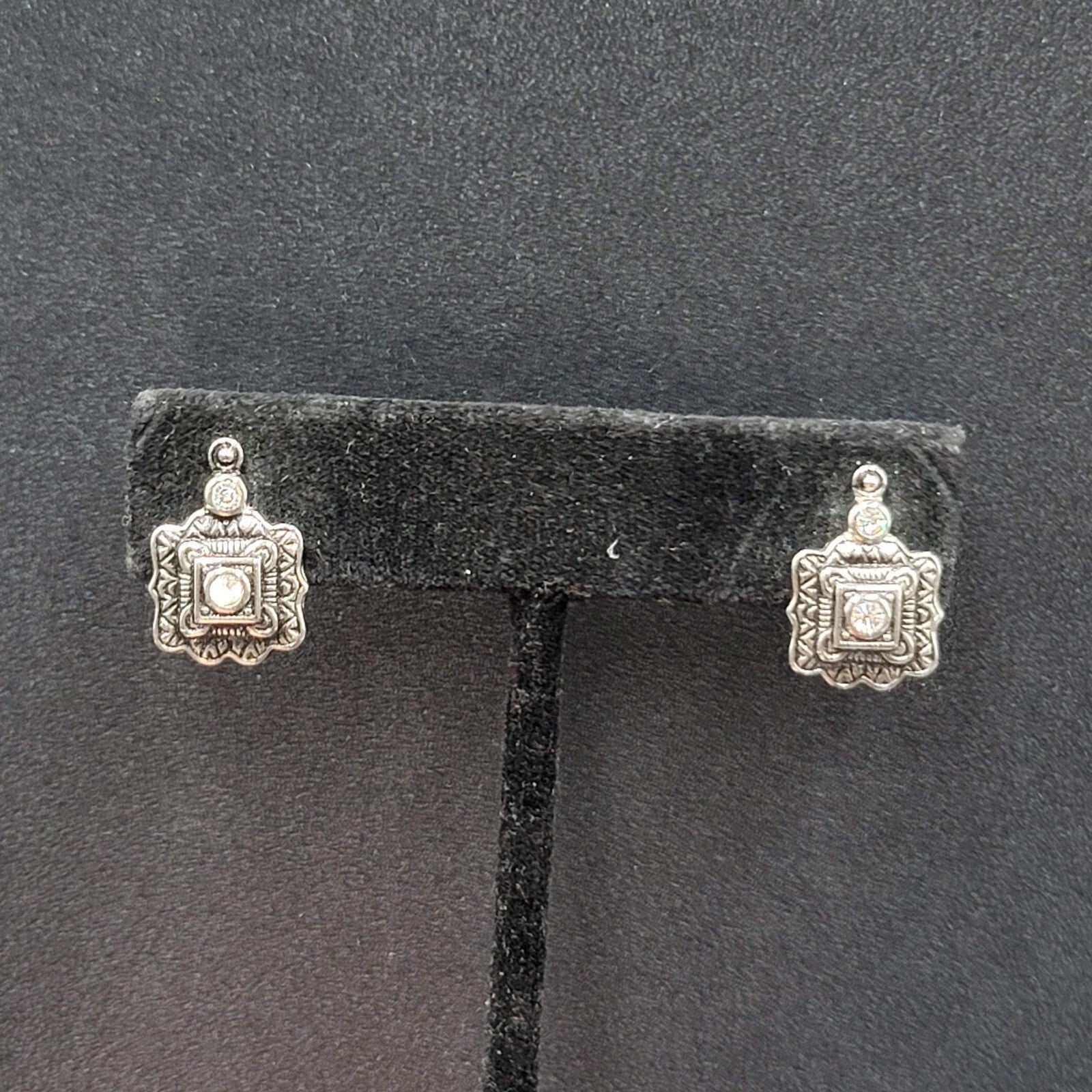 Pierced Earrings Silver tone Black Embossed Crystal Studs So Pretty! 5/8"