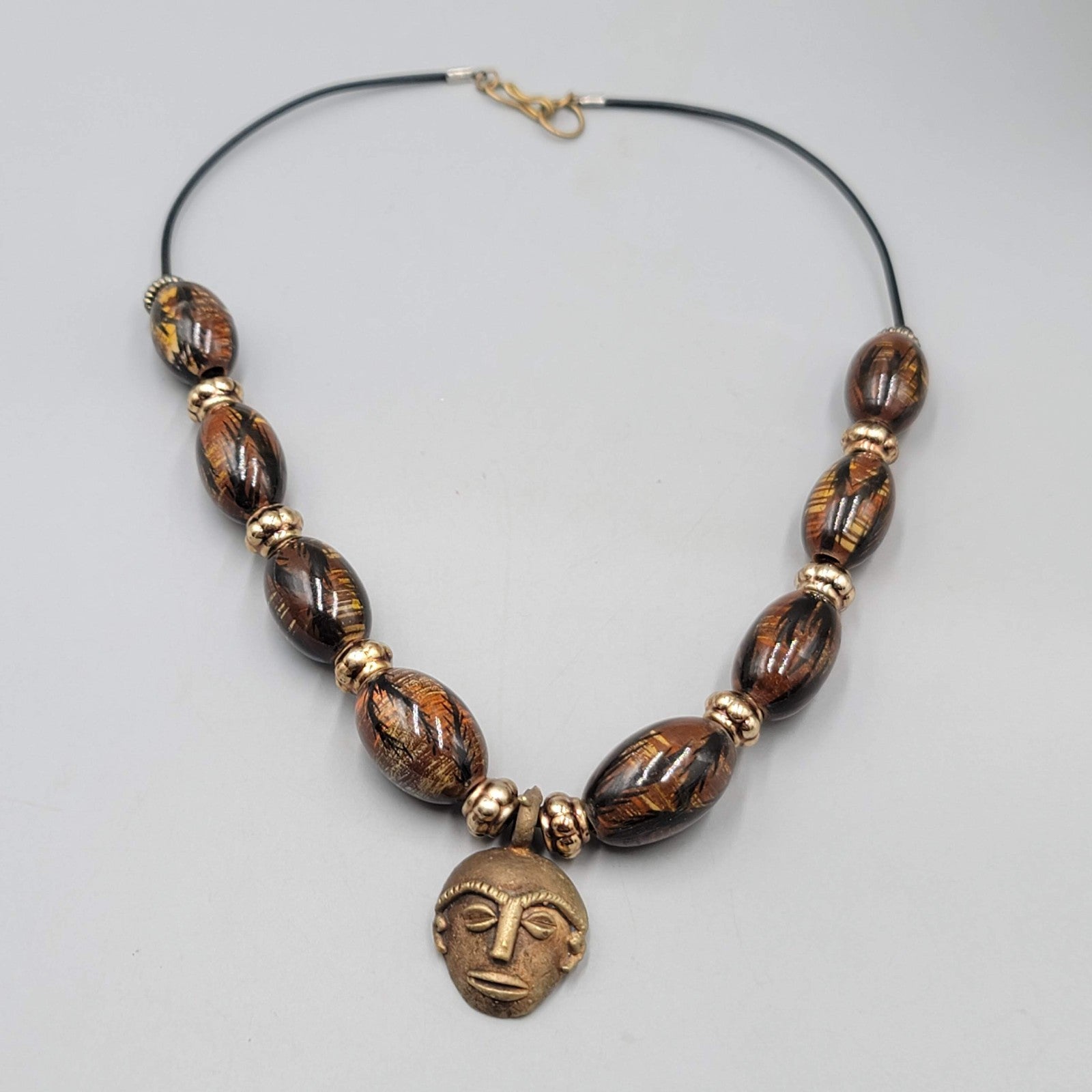Vintage African Necklace Brass Face Mask Pendant Hand Painted Beads 22 in