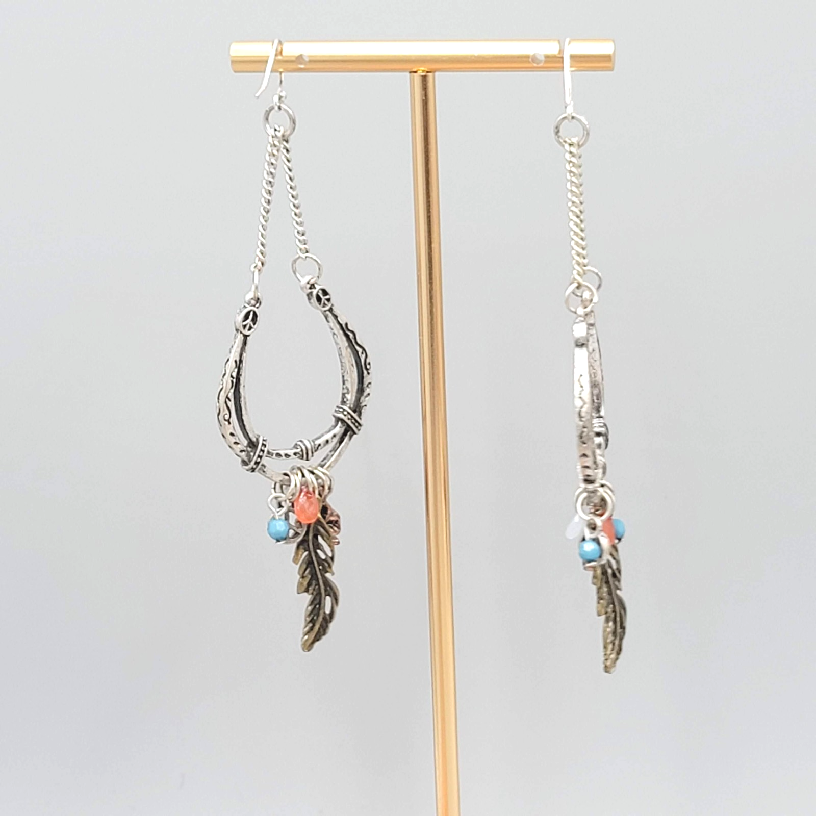 Boho Statement Charm Dangle Pierced Earrings Silver tone 3.5"