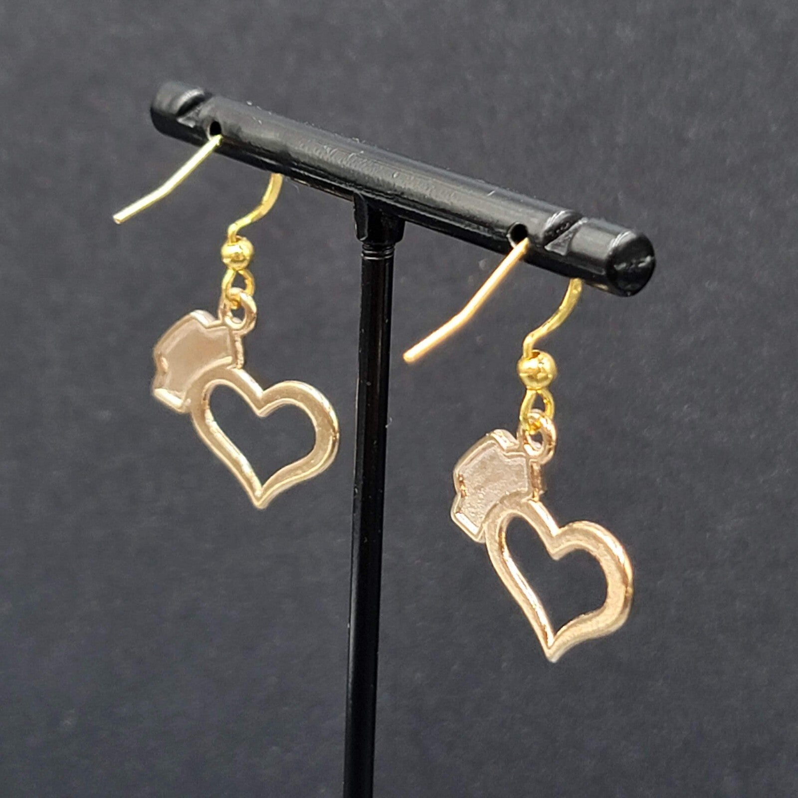 Nurse Heart Pierced Earrings Red White Enamel Gold tone Dangle 3/4"