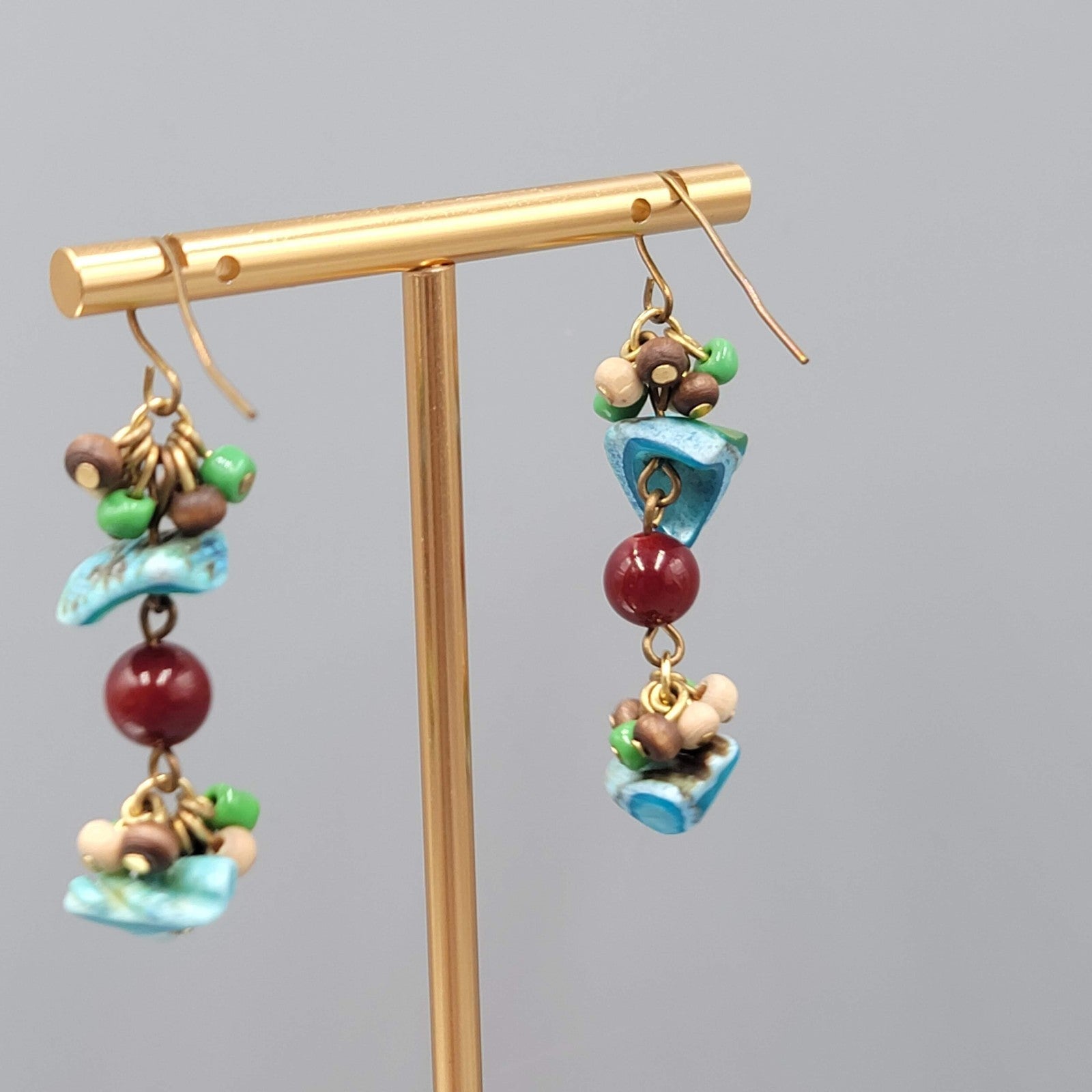Real Shell Wood Glass Bead Pierced Earrings Silver tone Dangle 1.75"