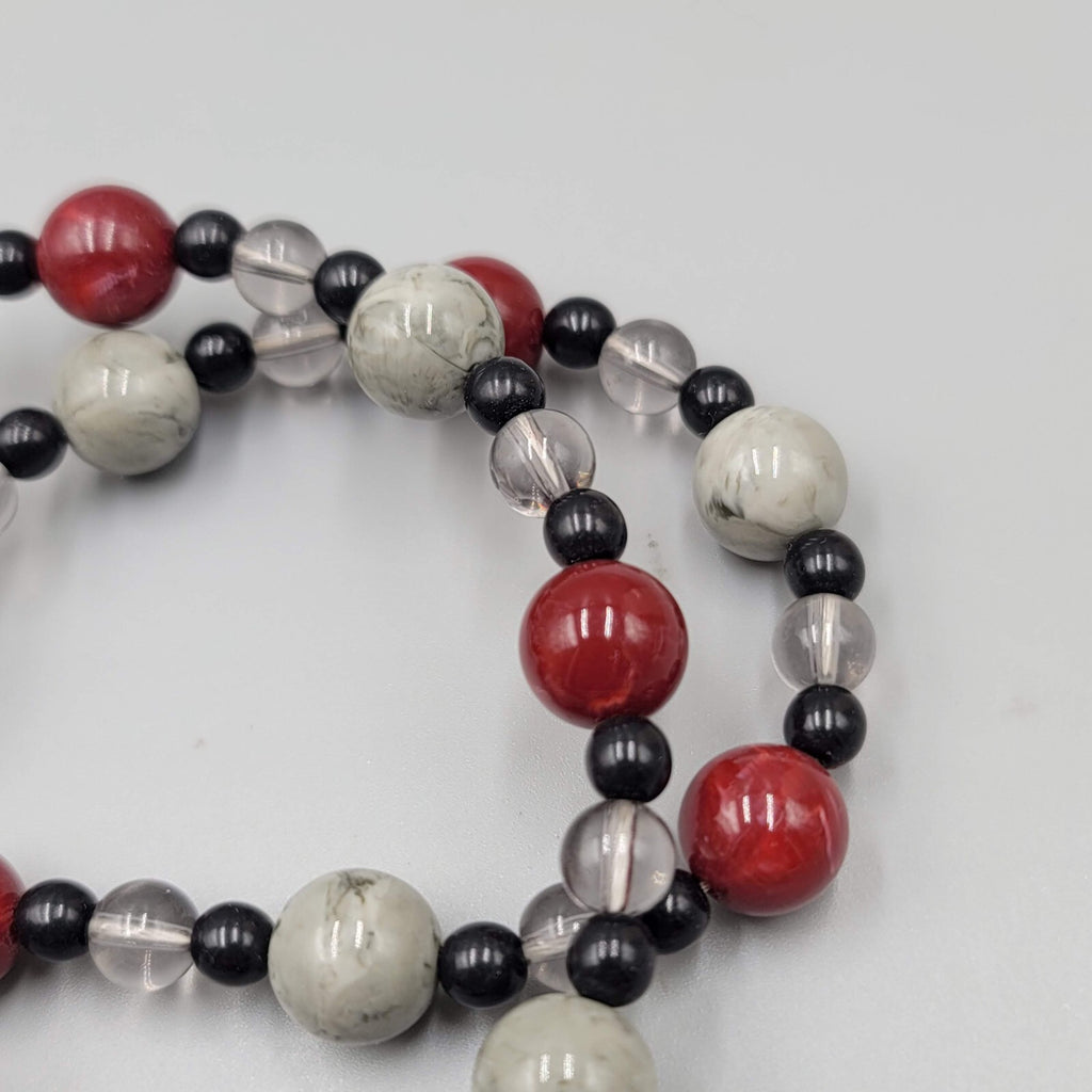 Vintage Monet Necklace Black Grey Red Plastic Beads LONG 34"