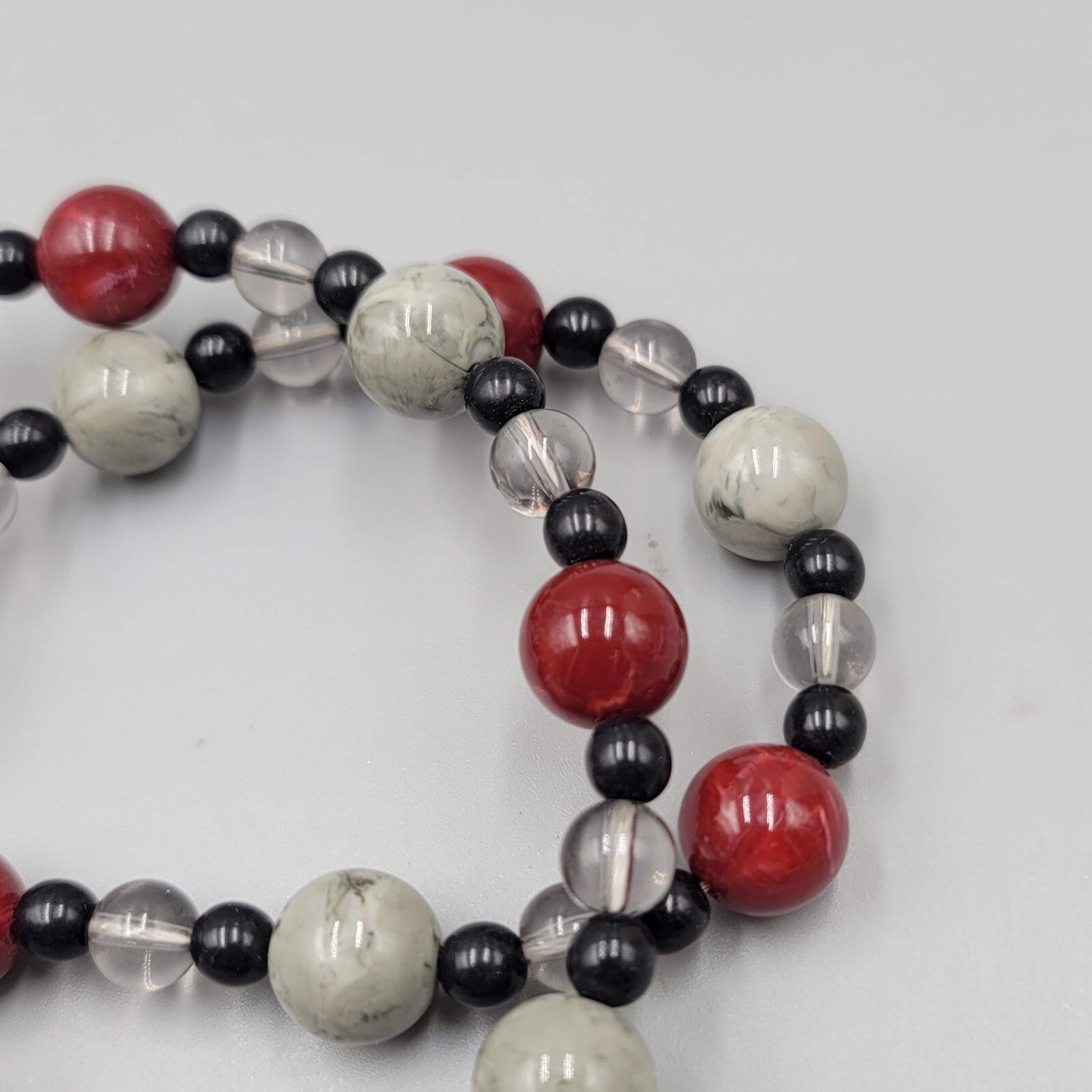 Vintage Monet Necklace Black Grey Red Plastic Beads LONG 34"