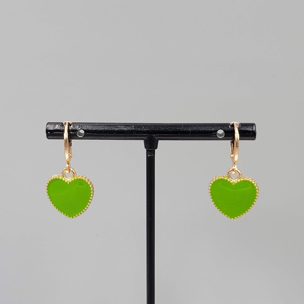 Green Enamel Heart Pierced Earrings Gold tone Huggie Hoops Dangle 5/8"
