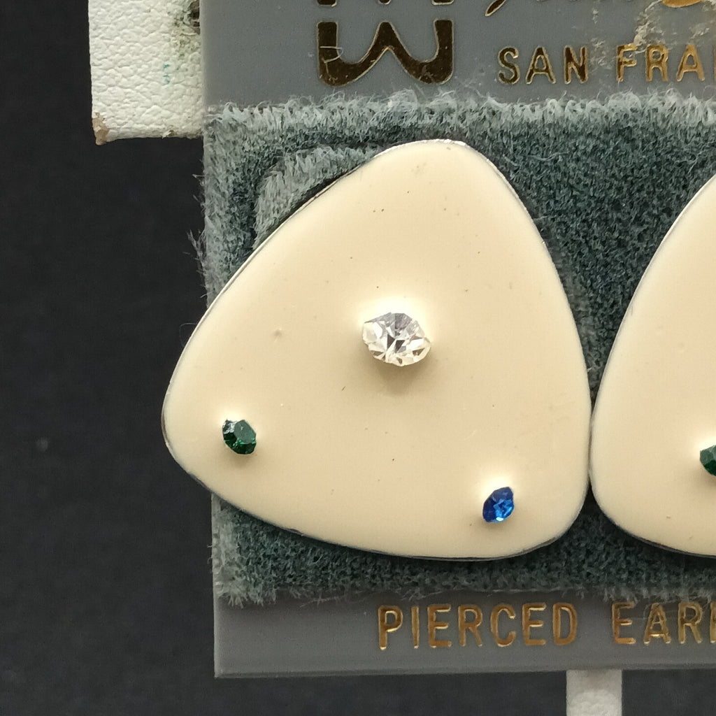 Vintage Pierced Earrings White Enamel Blue Clear Crystal Accent Triangle  1"