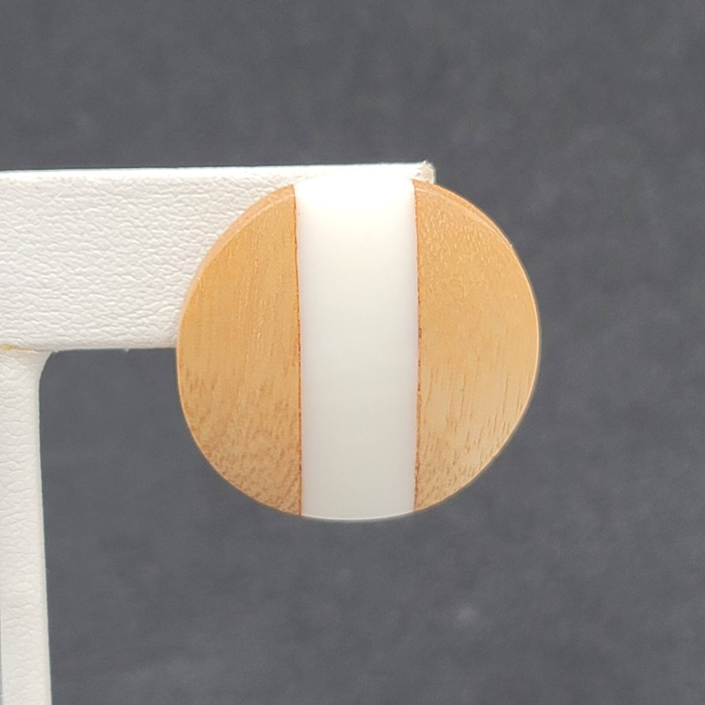 Pierced Earrings Wood White Resin Stripe Round 1 1/8"