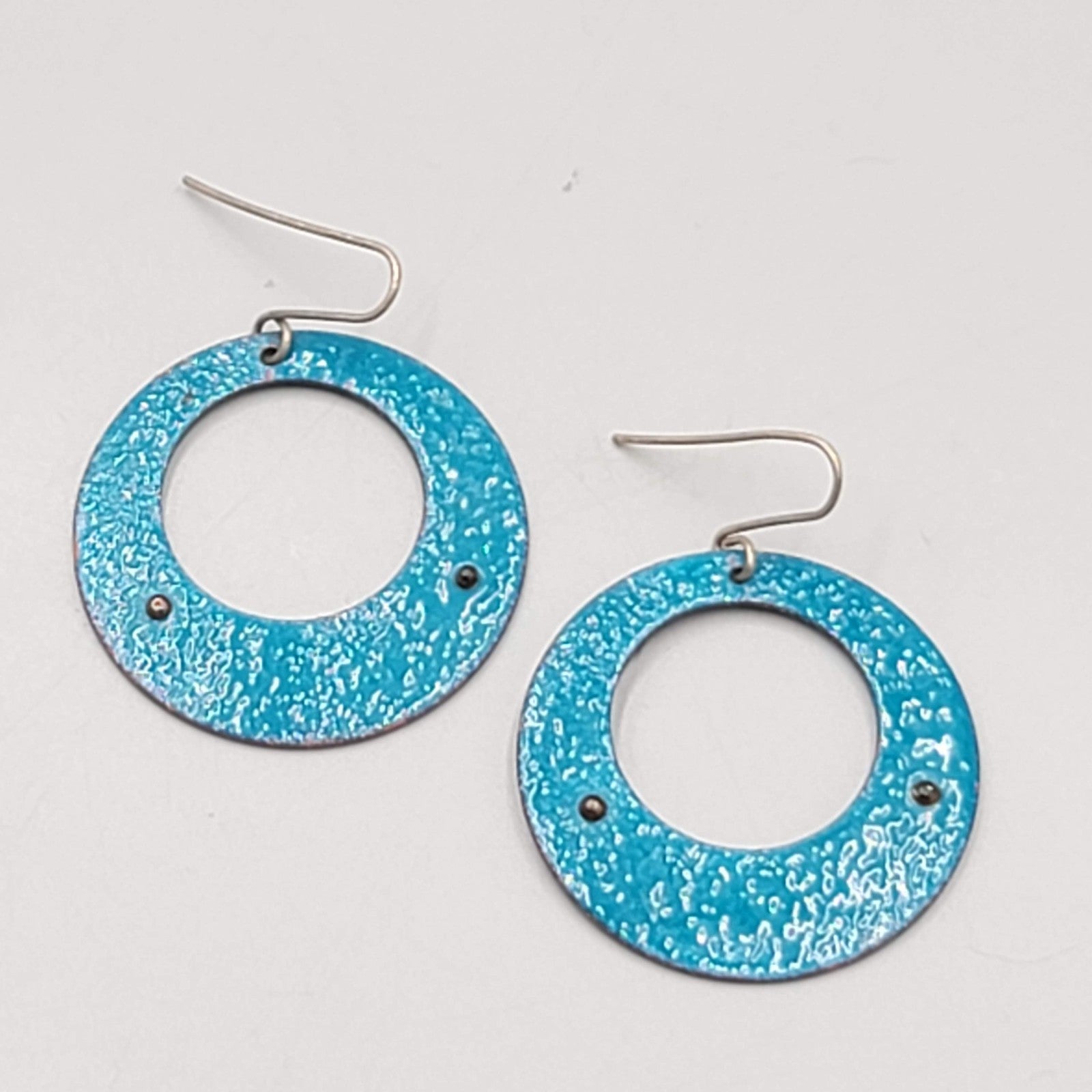 Artisan Vintage Blue Enamel Open Discs Pierced Earrings Round Dangle 1.5"
