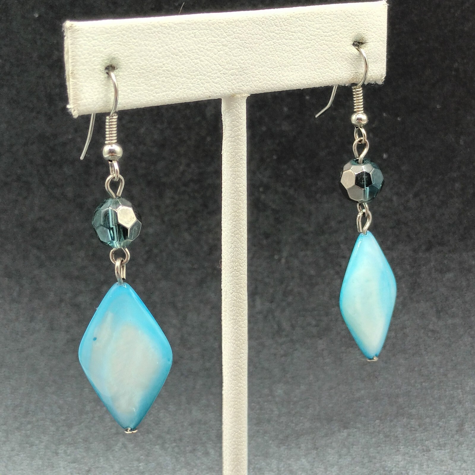 Pierced Earrings Silver tone Hook Blue Shell Geometric Beaded Dangle 1 5/8"